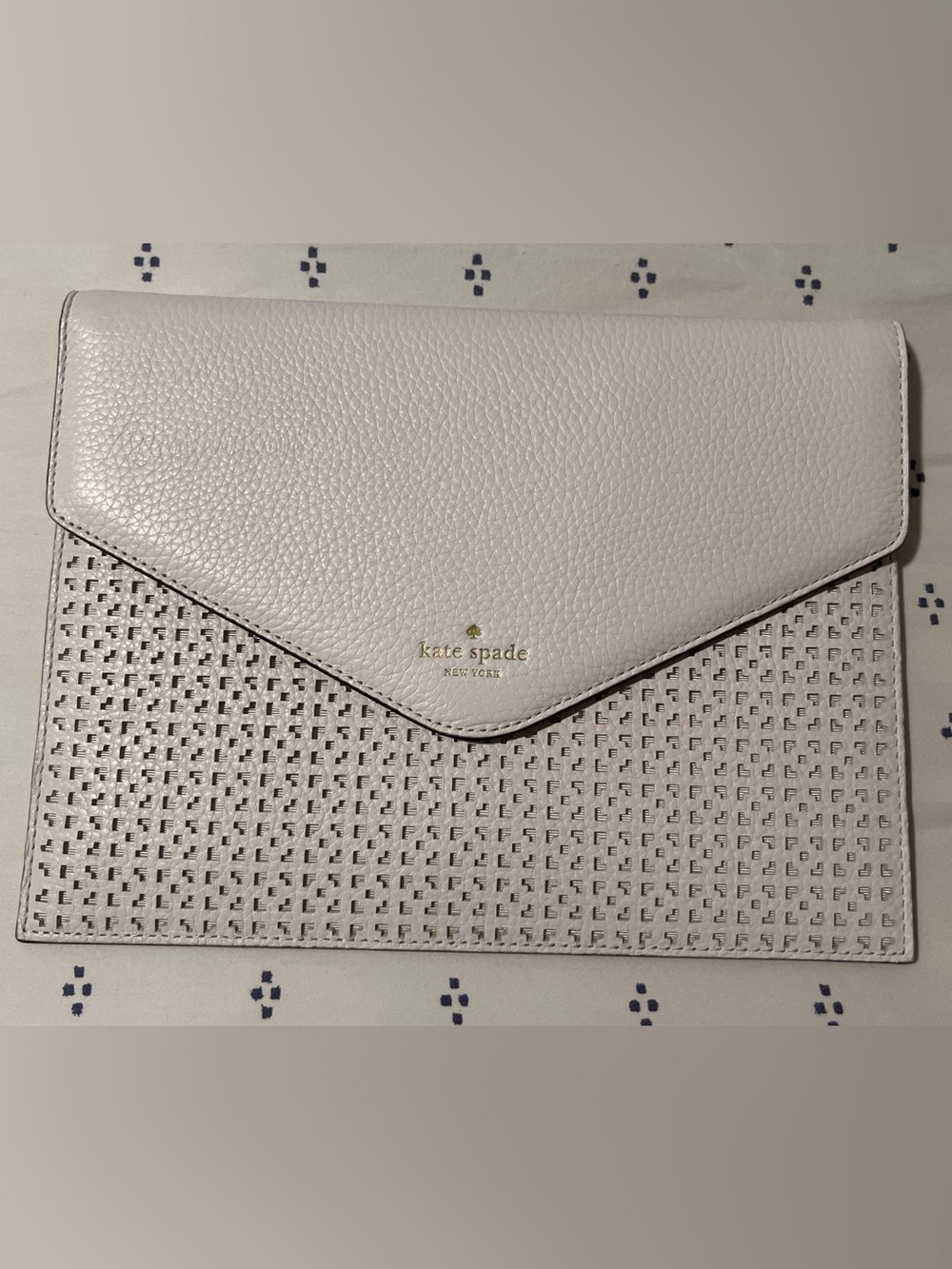 kate spade cream woven leather envelope clutch with silver logo print